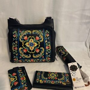 Anuschka Black with Multicolor Floral Shoulder Bag Set